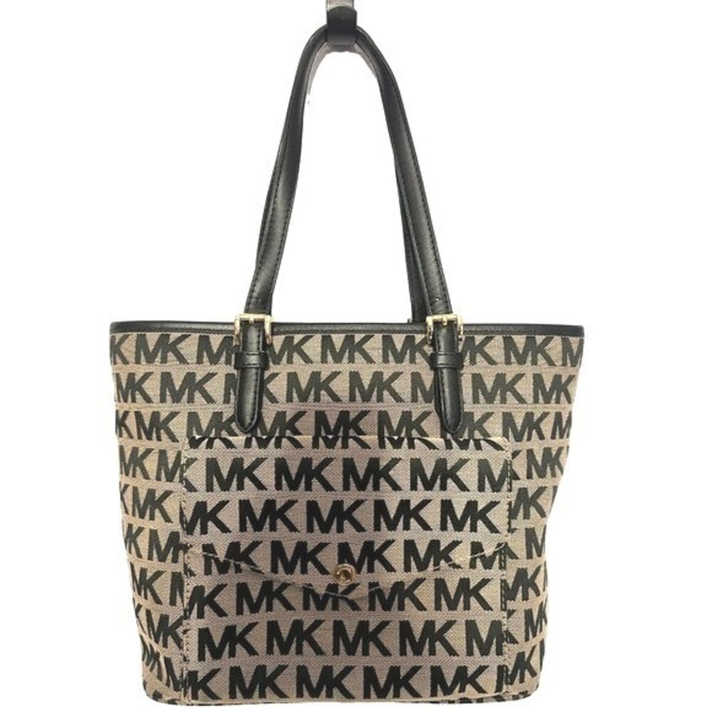 Michael Kors Jetset Logo Monogram Canvas Leather Zip Tote Bag Beige Black